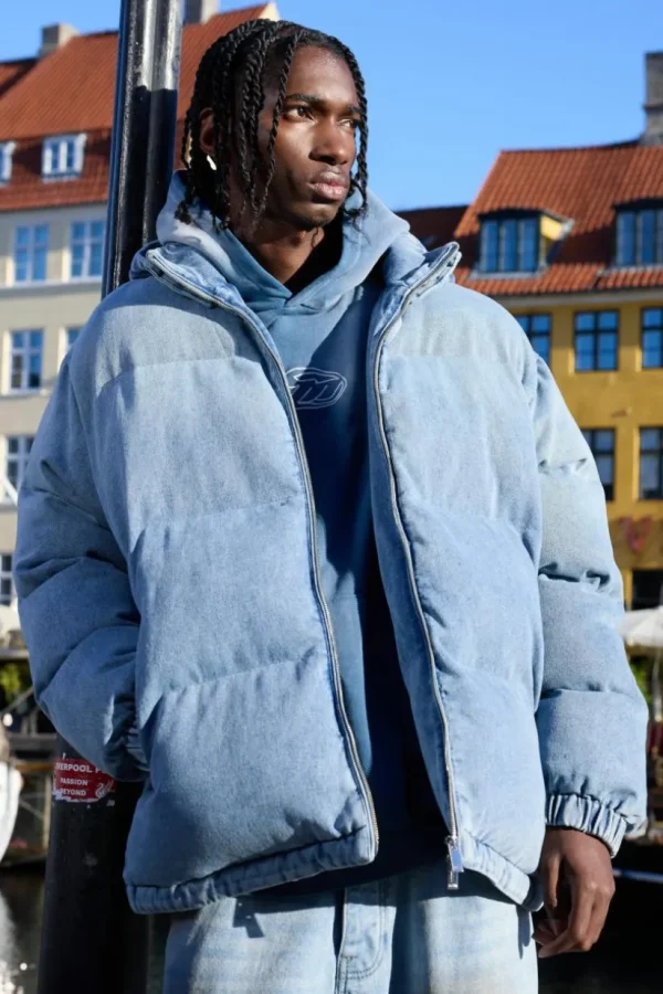 boohooMAN Oversized Funnel Neck Detachable Hood Denim Puffer Jacket | Man | Coats & Jackets