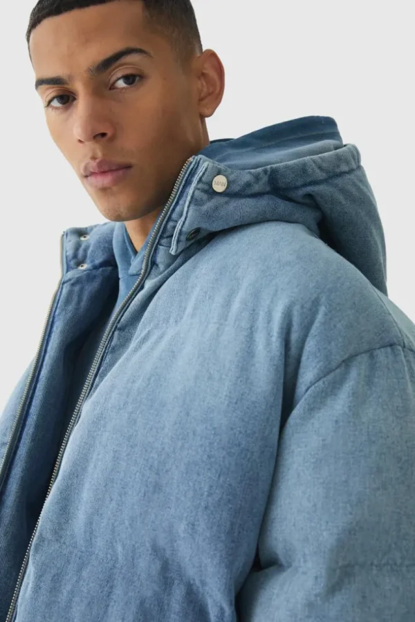 boohooMAN Oversized Funnel Neck Detachable Hood Denim Puffer Jacket | Man | Coats & Jackets