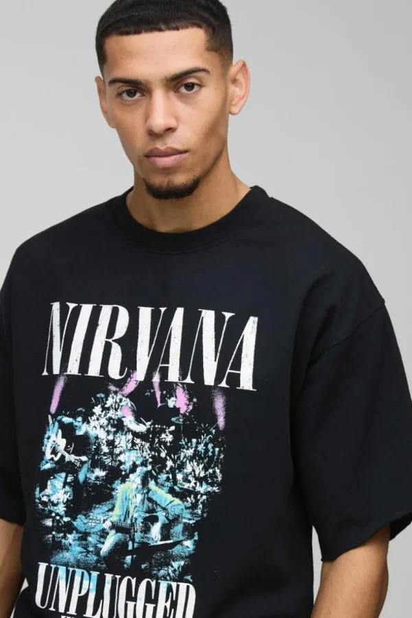 boohooMAN Oversized Half Sleeve Raw Hem Nirvana License Print Sweatshirt | Hoodies & Sweats