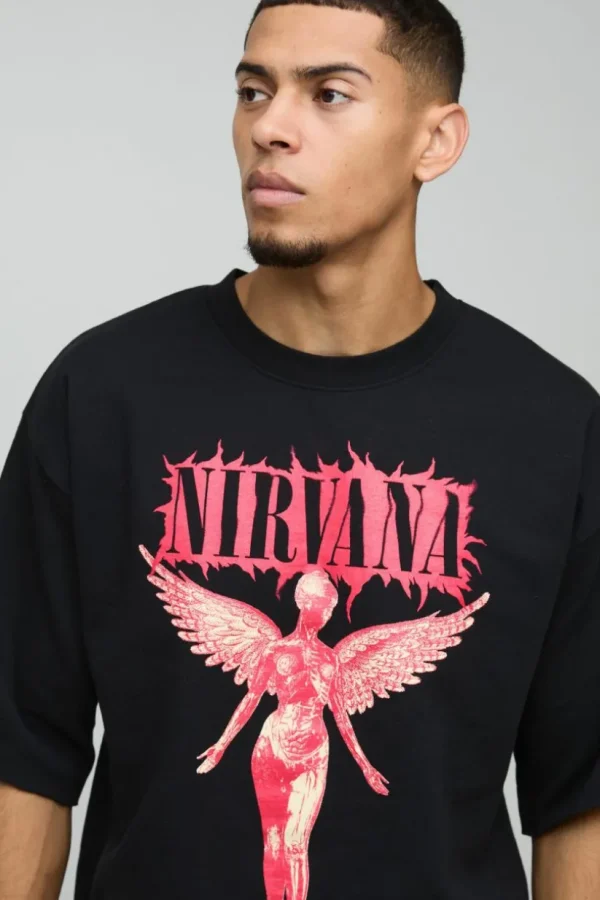 boohooMAN Oversized Half Sleeve Raw Hem Nirvana License Print Sweatshirt | Hoodies & Sweats | T-Shirts