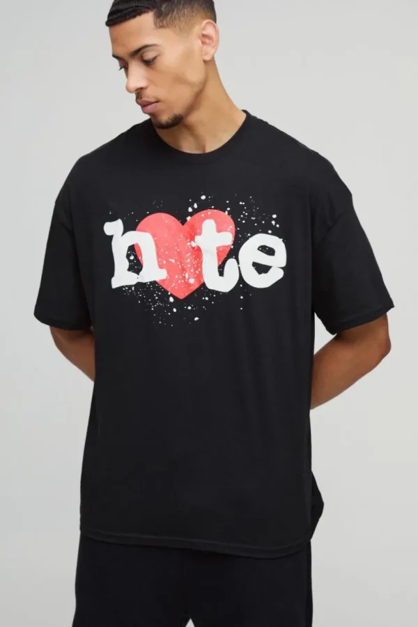 boohooMAN Oversized Hate Heart Puff Print Graphic T-Shirt | Hoodies & Sweats | T-Shirts