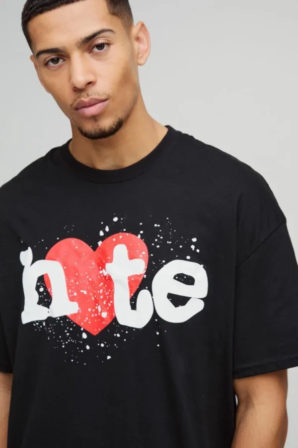 boohooMAN Oversized Hate Heart Puff Print Graphic T-Shirt | Hoodies & Sweats | T-Shirts