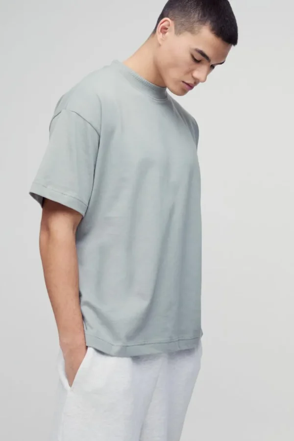 boohooMAN Oversized Heavy Extended Jacquard Neck T-shirt | Basics - Elevated