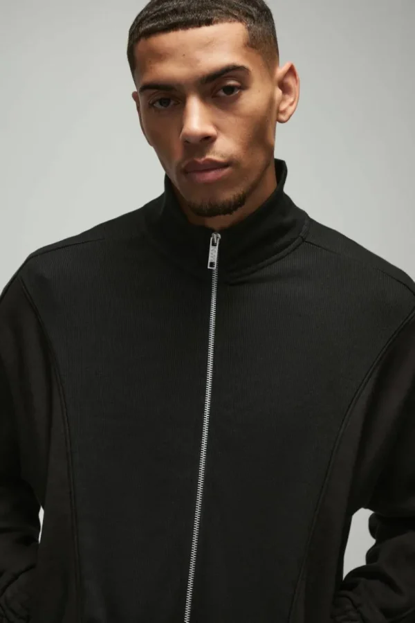 boohooMAN Oversized Heavy Rib Panelled 3D Embroidered Track Top | Coats & Jackets