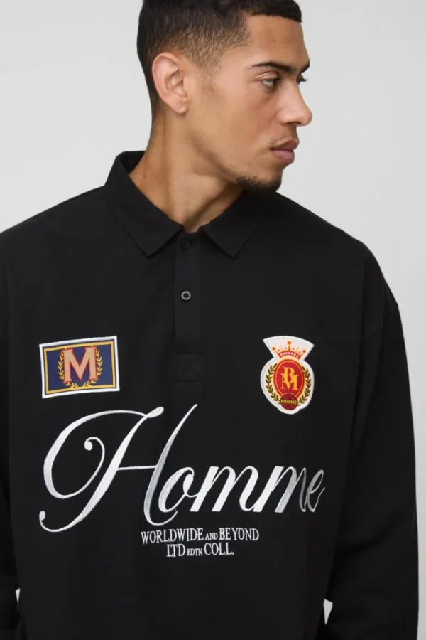 boohooMAN Oversized Heavyweight Pique Applique Rugby Polo | Going Out Polo Shirts | Shirts