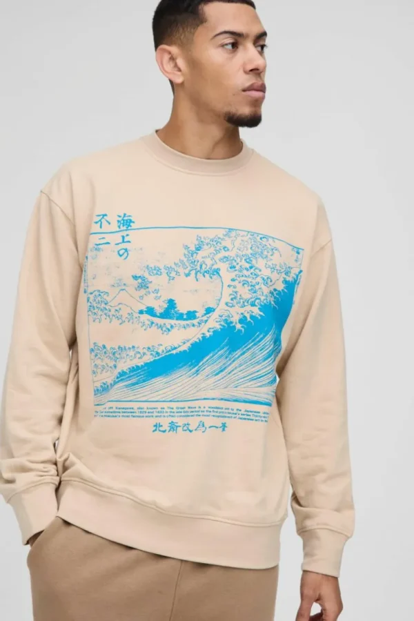 boohooMAN Oversized Hokusai Art License Print Sweatshirt | Hoodies & Sweats | T-Shirts