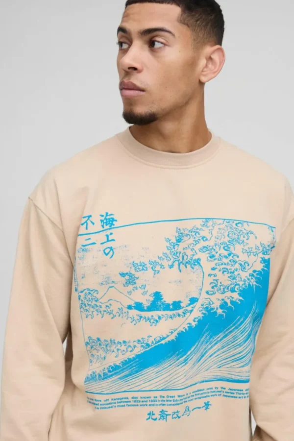 boohooMAN Oversized Hokusai Art License Print Sweatshirt | Hoodies & Sweats | T-Shirts