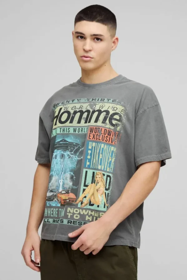 boohooMAN Oversized Homme Magazine Graphic Washed T-Shirt | T-Shirts