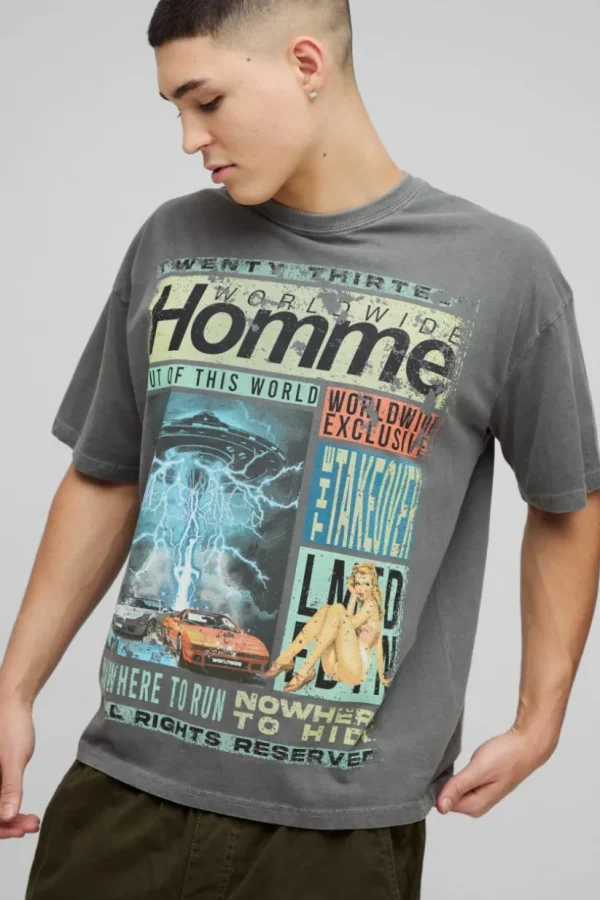 boohooMAN Oversized Homme Magazine Graphic Washed T-Shirt | T-Shirts