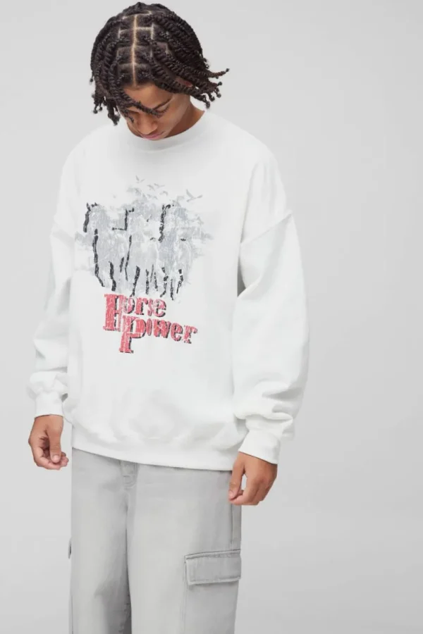 boohooMAN Oversized Horse Power Western Graphic Sweatshirt | Hoodies & Sweats