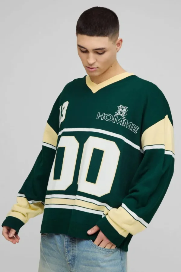 boohooMAN Oversized Knitted Varsity Hockey Top | Knitwear | Going Out Knitwear