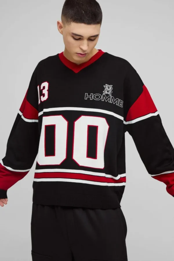 boohooMAN Oversized Knitted Varsity Hockey Top | Knitwear | Going Out Knitwear