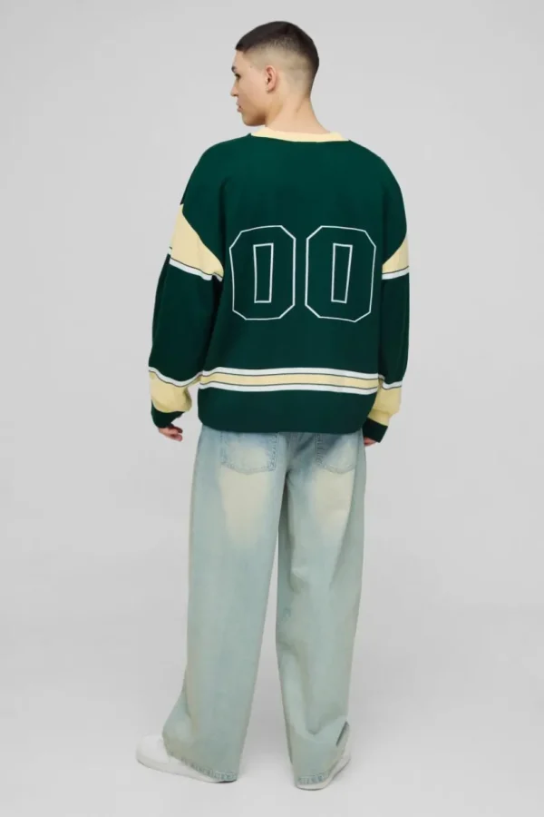 boohooMAN Oversized Knitted Varsity Hockey Top | Knitwear | Going Out Knitwear