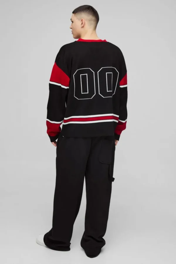 boohooMAN Oversized Knitted Varsity Hockey Top | Knitwear | Going Out Knitwear