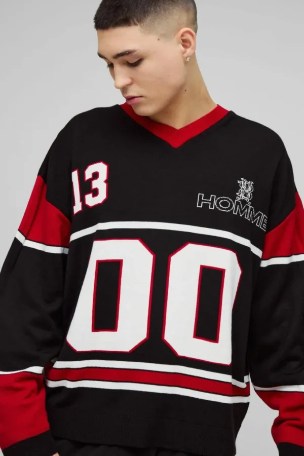 boohooMAN Oversized Knitted Varsity Hockey Top | Knitwear | Going Out Knitwear