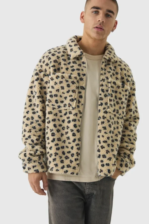 boohooMAN Oversized Leopard Print Borg Zip Overshirt | Shirts | Going Out Shirts