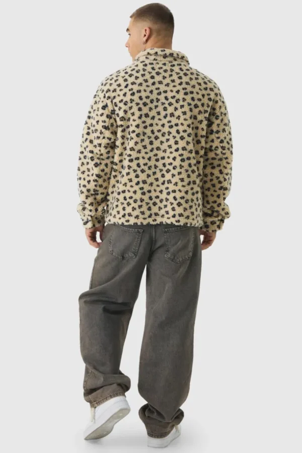 boohooMAN Oversized Leopard Print Borg Zip Overshirt | Shirts | Going Out Shirts