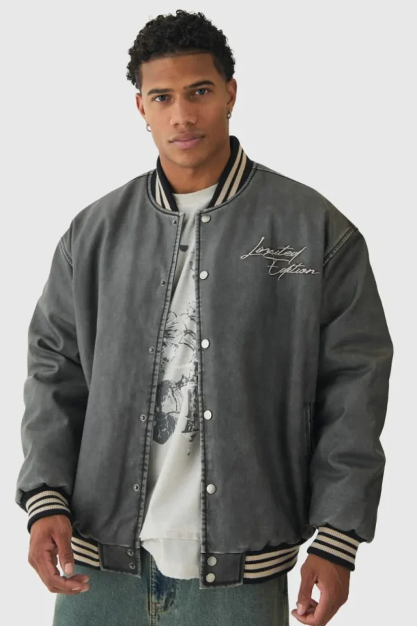 boohooMAN Oversized Limited Embroidered Washed PU Bomber Jacket In | Man | Coats & Jackets