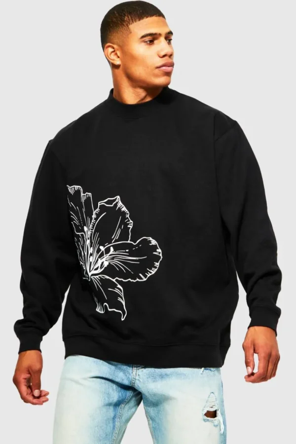 boohooMAN Oversized Line Drawn Flower Print Sweatshirt | Hoodies & Sweats