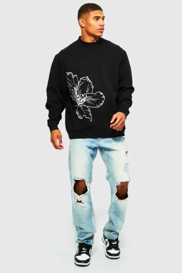 boohooMAN Oversized Line Drawn Flower Print Sweatshirt | Hoodies & Sweats