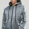 boohooMAN Oversized Liquid Metallic Hooded Bomber Jacket In | Man | Coats & Jackets