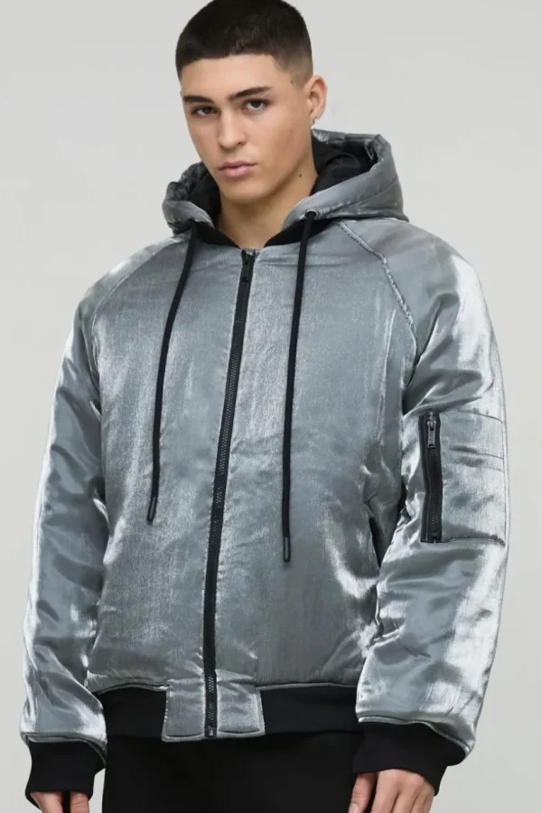 boohooMAN Oversized Liquid Metallic Hooded Bomber Jacket In | Man | Coats & Jackets