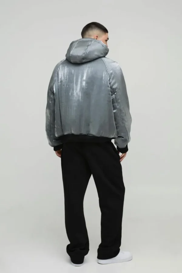 boohooMAN Oversized Liquid Metallic Hooded Bomber Jacket In | Man | Coats & Jackets