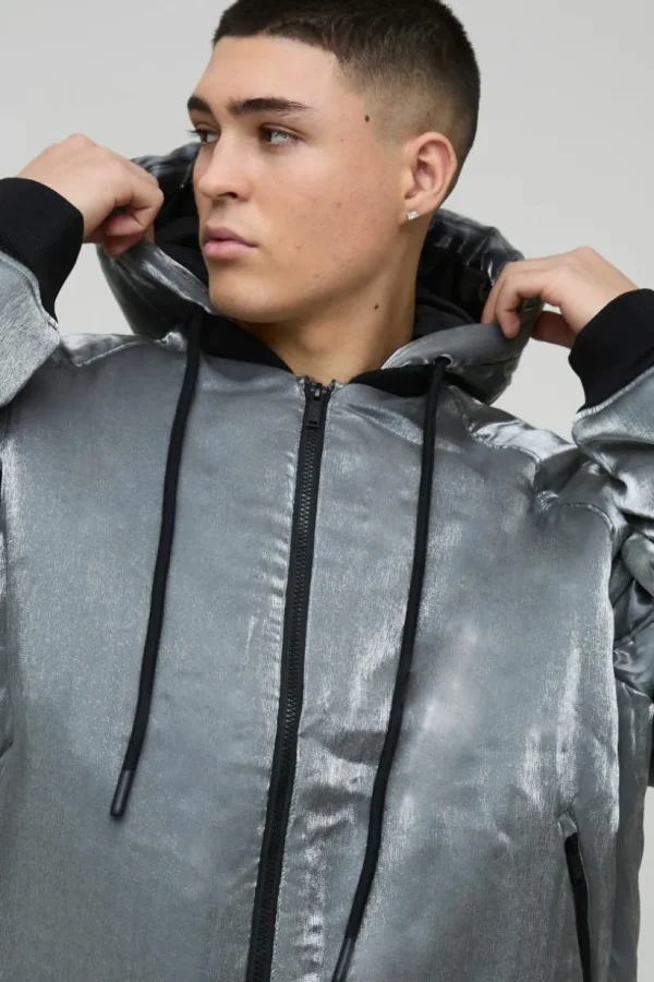 boohooMAN Oversized Liquid Metallic Hooded Bomber Jacket In | Man | Coats & Jackets