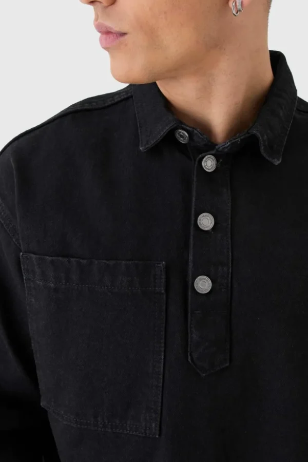 boohooMAN Oversized Long Sleeve 1/4 Neck Denim Shirt | Denim | Going Out Denim