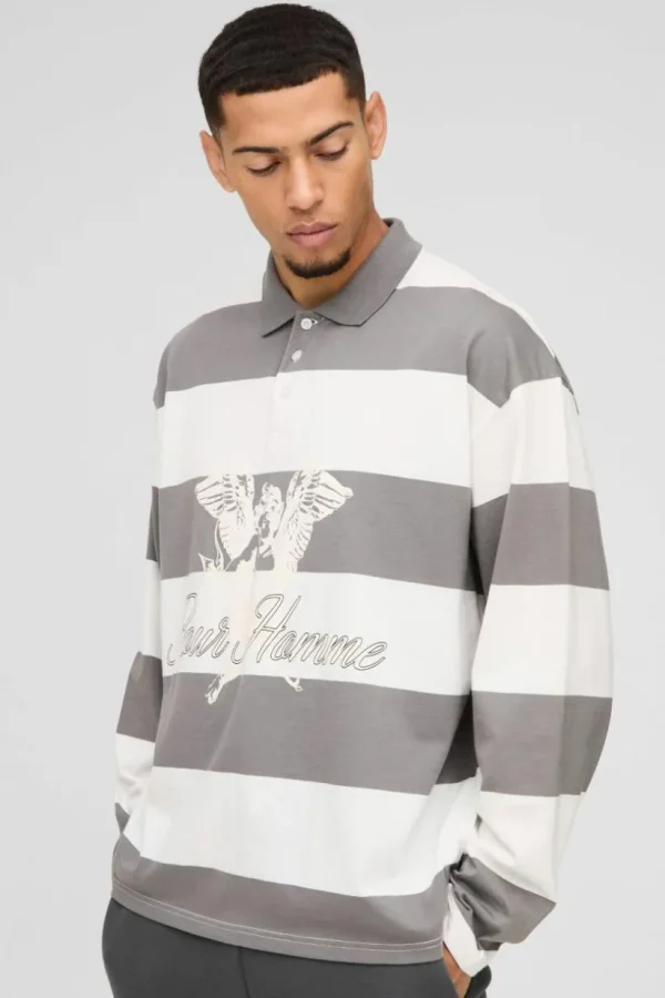 boohooMAN Oversized Long Sleeve Stripe Homme Printed Rugby Polo | Going Out Polo Shirts | Shirts