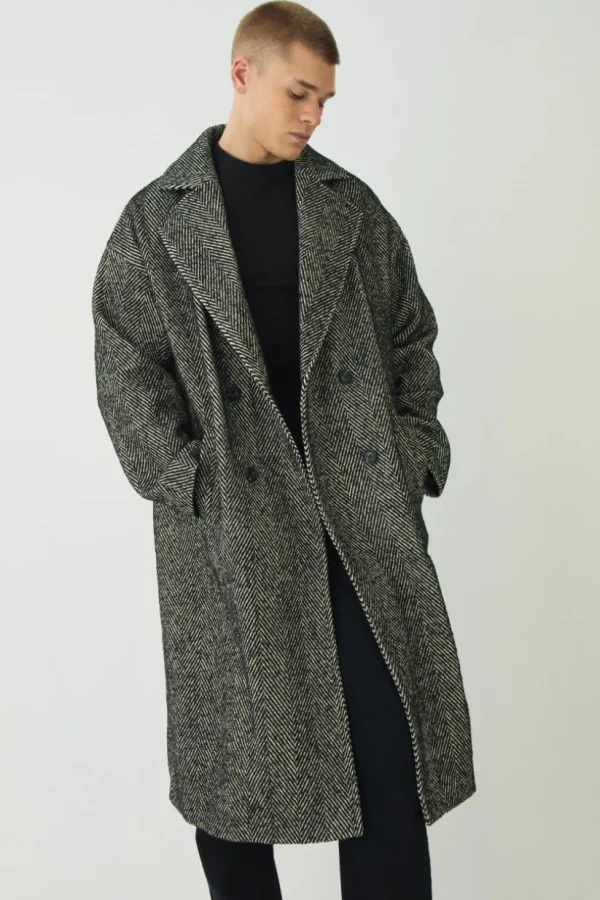 boohooMAN Oversized Longline Herringbone Overcoat In | Man | Coats & Jackets