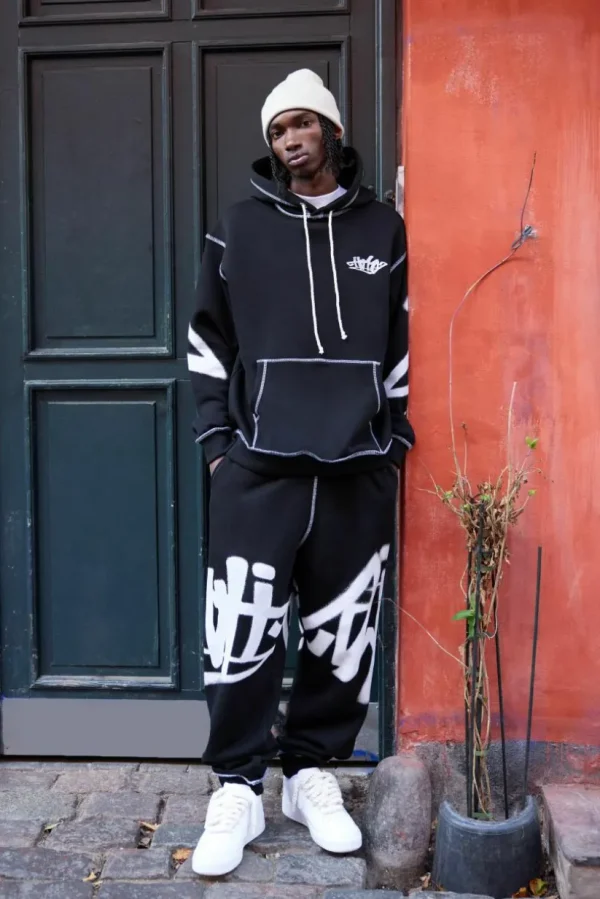 boohooMAN Oversized Man Graffiti Rope Drawcord Hooded Tracksuit | Tracksuits