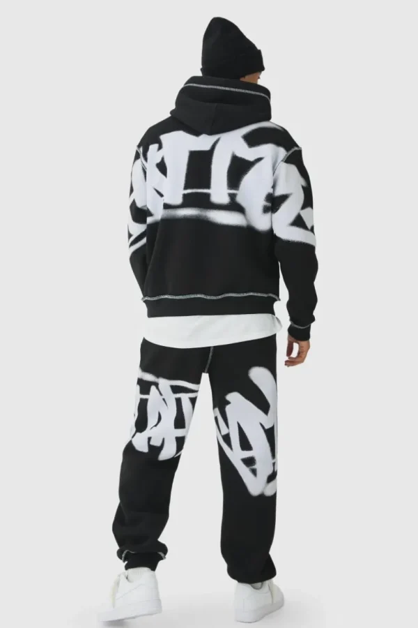 boohooMAN Oversized Man Graffiti Rope Drawcord Hooded Tracksuit | Tracksuits