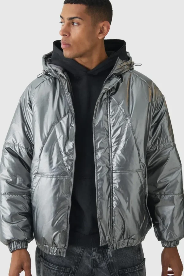 boohooMAN Oversized Metallic Hooded Puffer In | Coats & Jackets