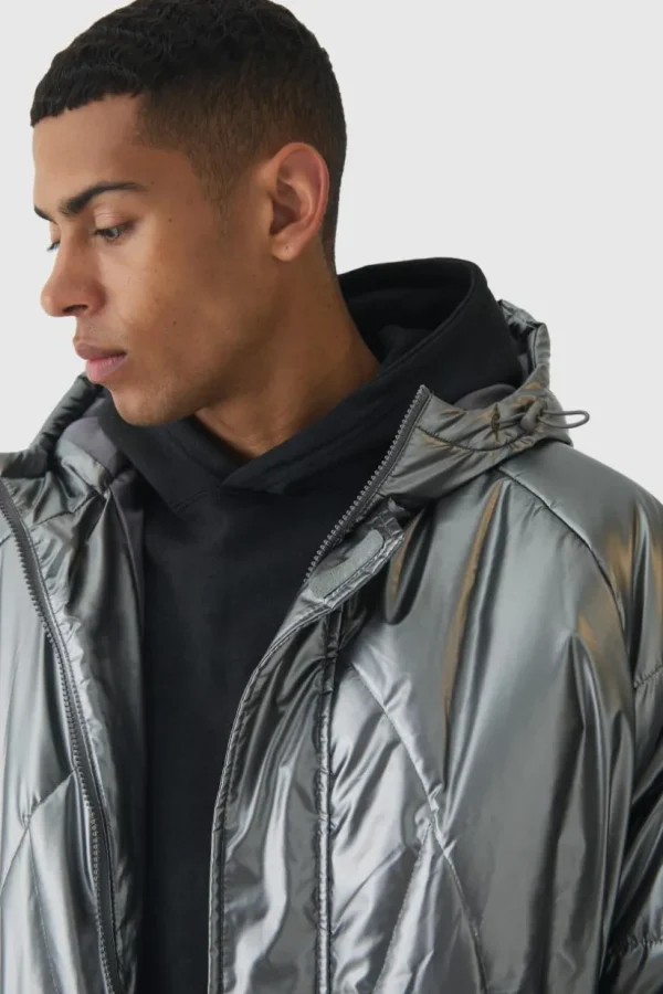 boohooMAN Oversized Metallic Hooded Puffer In | Coats & Jackets