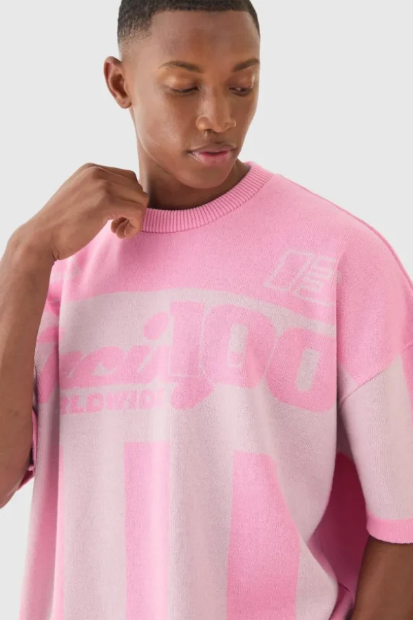 boohooMAN Oversized Moto Stripe Knitted T-shirt | Knitwear | Going Out Knitwear