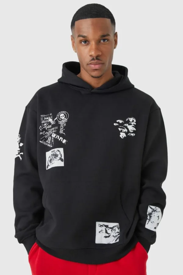 boohooMAN Oversized Multi Placement Graphic Hoodie | Hoodies & Sweats