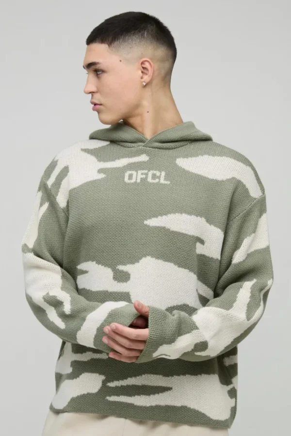 boohooMAN Oversized Ofcl Camo Raw Edge Knitted Hoodie | Knitwear | Going Out Knitwear