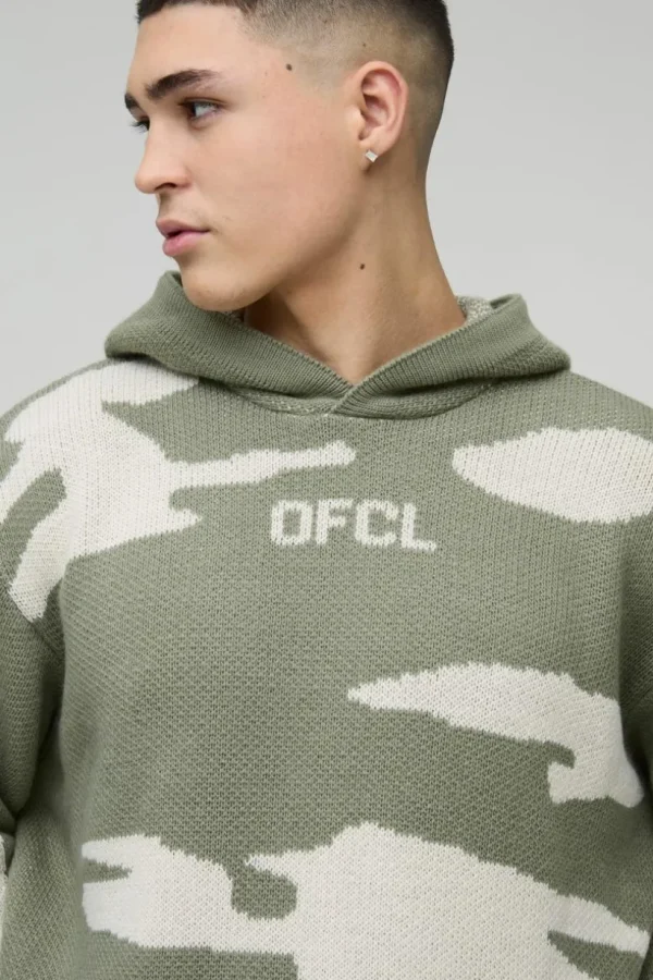 boohooMAN Oversized Ofcl Camo Raw Edge Knitted Hoodie | Knitwear | Going Out Knitwear