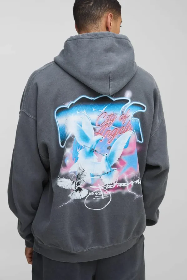 boohooMAN Oversized OFCL Graffiti Bird Graphic Washed Hoodie | Hoodies & Sweats