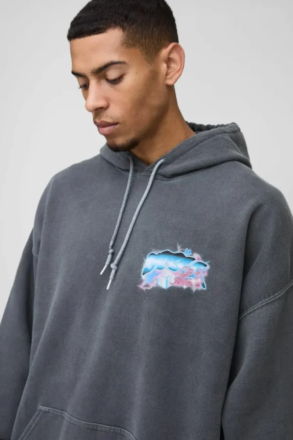 boohooMAN Oversized OFCL Graffiti Bird Graphic Washed Hoodie | Hoodies & Sweats