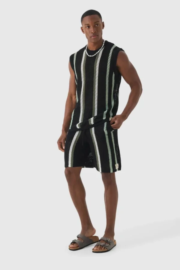 boohooMAN Oversized Open Stitch Stripe Knitted Tank Set | Knitwear | Going Out Knitwear