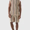 boohooMAN Oversized Open Stitch Stripe Knitted Tank Set | Knitwear | Going Out Knitwear