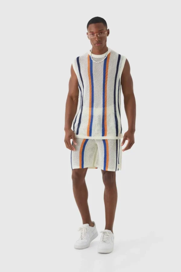 boohooMAN Oversized Open Stitch Stripe Knitted Tank Set | Knitwear | Going Out Knitwear