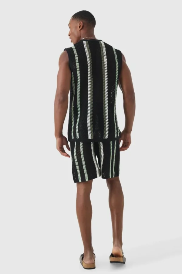 boohooMAN Oversized Open Stitch Stripe Knitted Tank Set | Knitwear | Going Out Knitwear