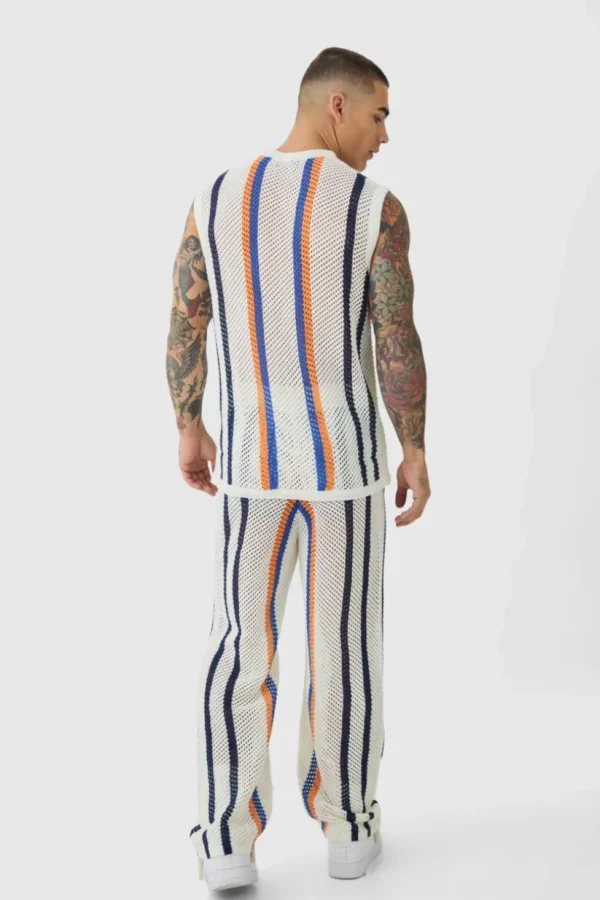 boohooMAN Oversized Open Stitch Stripe Knitted Tank & Trouser Set | Sets & Coords | Tracksuits