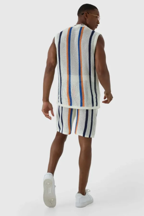 boohooMAN Oversized Open Stitch Stripe Knitted Tank Set | Knitwear | Going Out Knitwear