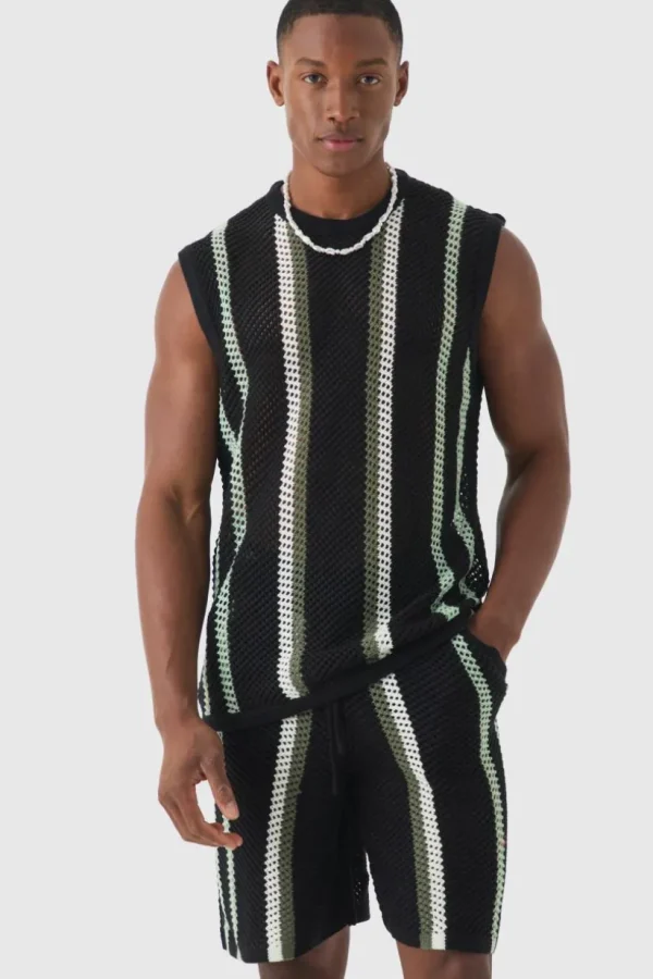 boohooMAN Oversized Open Stitch Stripe Knitted Tank Set | Knitwear | Going Out Knitwear