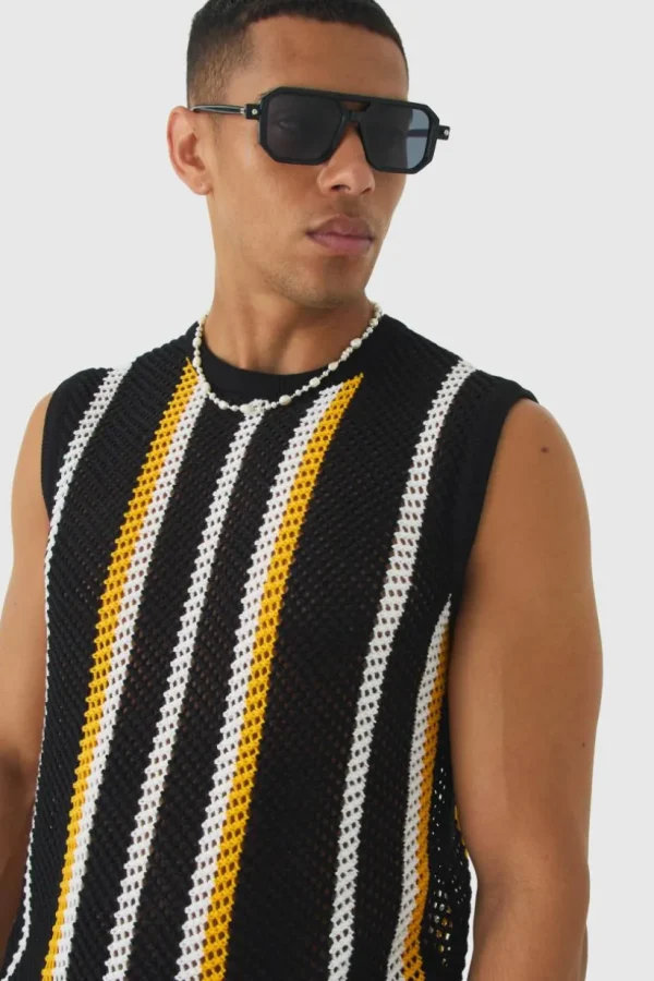 boohooMAN Oversized Open Stitch Stripe Knitted Tank Set | Knitwear | Going Out Knitwear