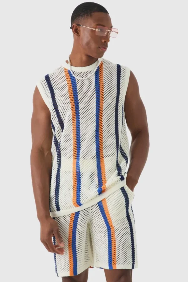 boohooMAN Oversized Open Stitch Stripe Knitted Tank Set | Knitwear | Going Out Knitwear